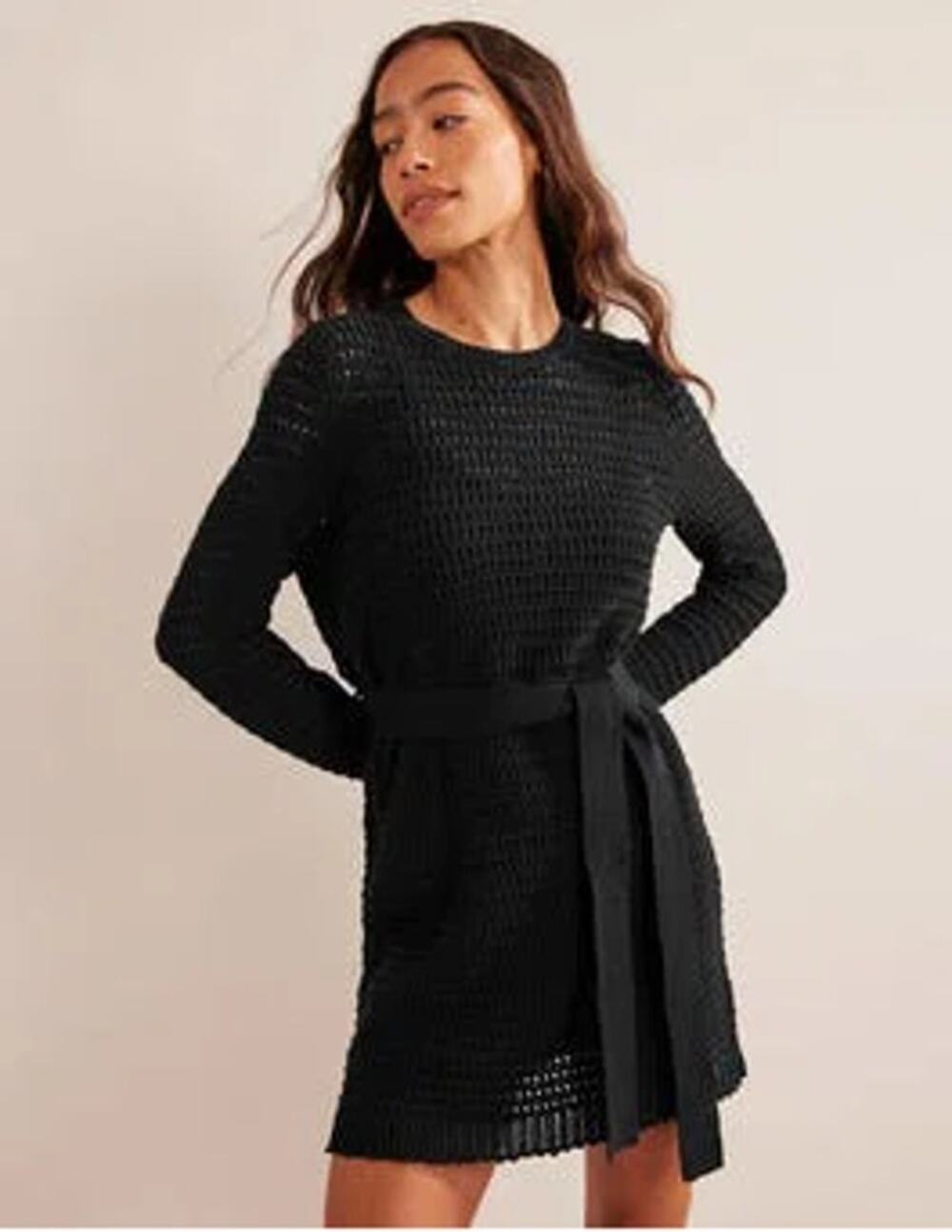 Boden Long Sleeve Crochet Knit Belted Mini Sweater Dress Black Women's Size 12R